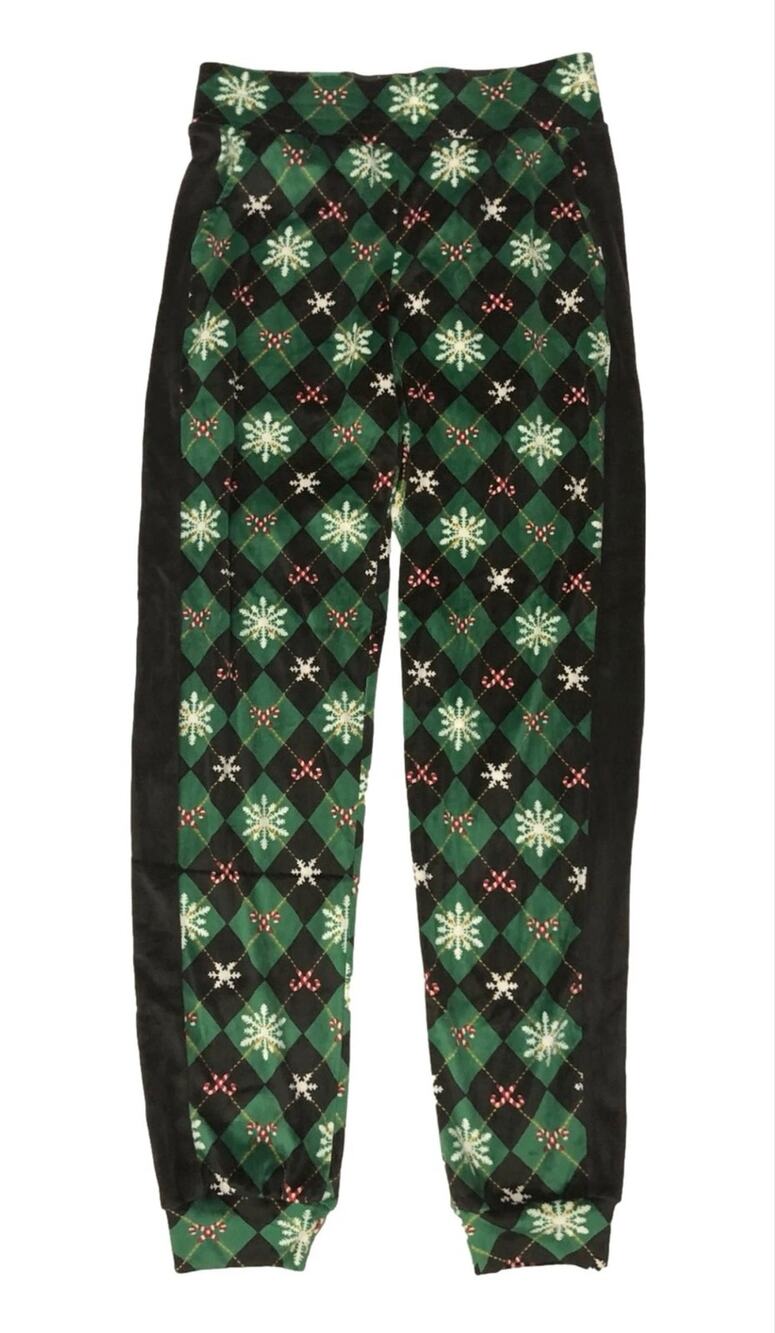 Christmas XS Green Velour Lounge Pant Side Pockets Wide waistband Argyle pattern